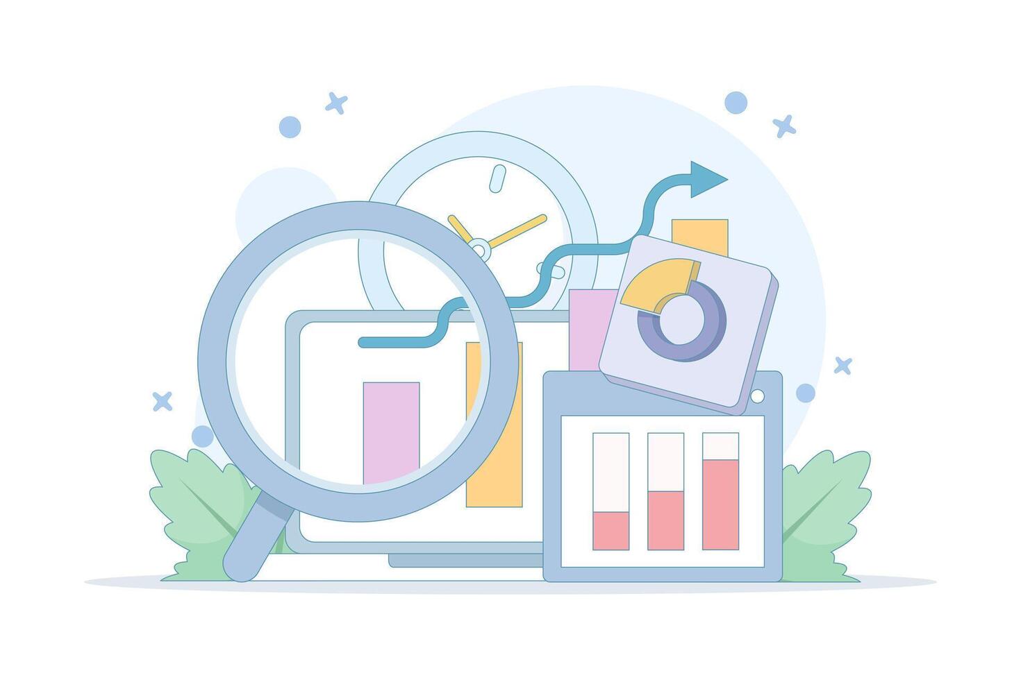 graphical analysis concept. the process of collecting data as it becomes available and analyzing it. data being analyzed. data processing for analysis. flat design illustrations. vector