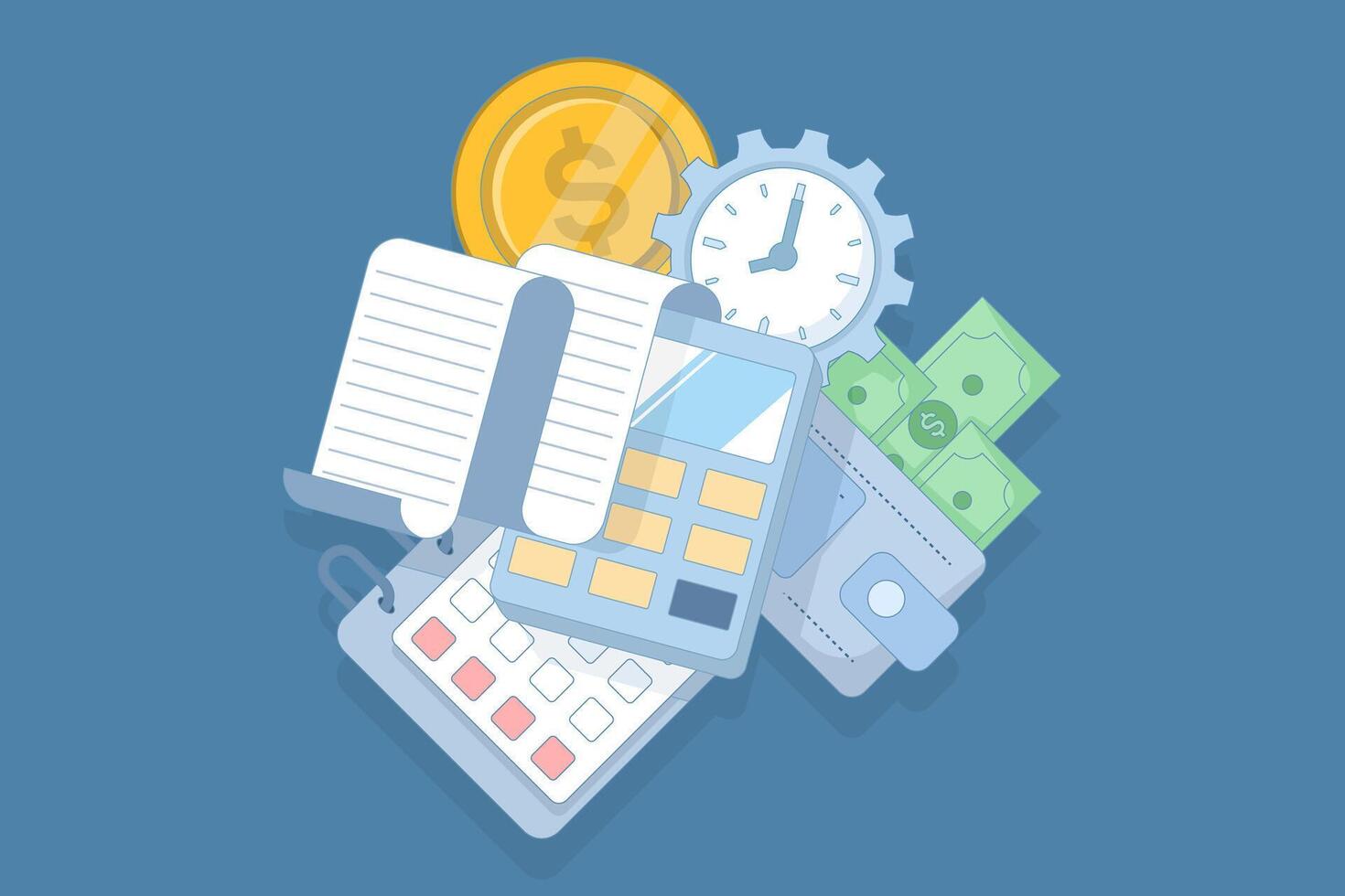 Time and money management concept. Calculator, calendar, money in wallet, and gold coins, economy and investment. money balance and time management. flat design illustration. vector