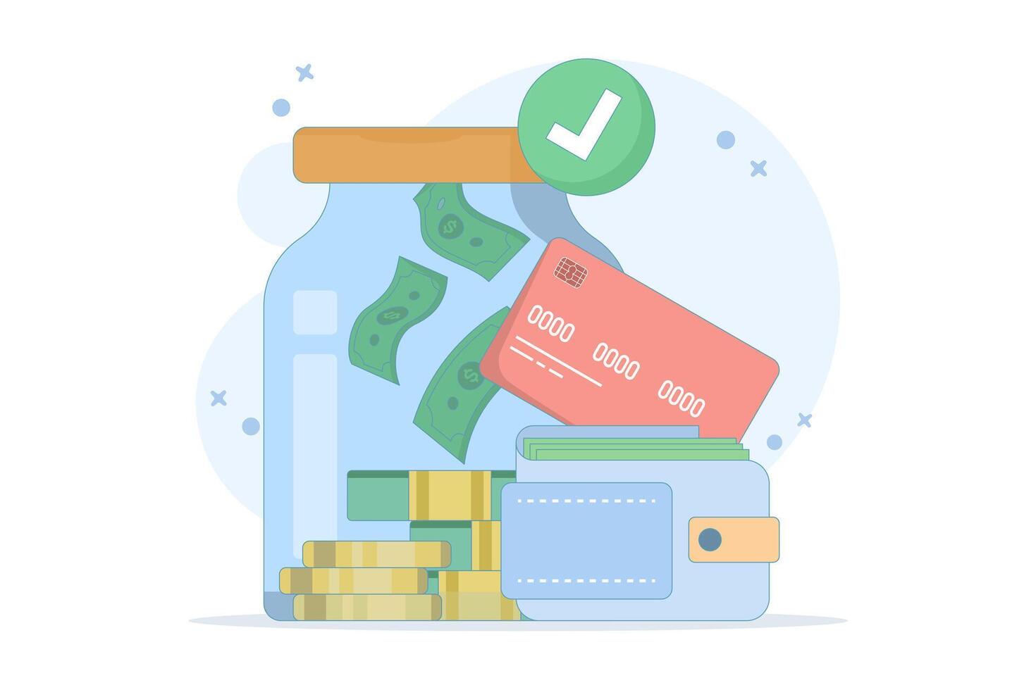 concept of saving safely, achieving financial freedom goals. managing finances for future wealth. making a budget. accumulating more wealth. flat style illustration with background. vector