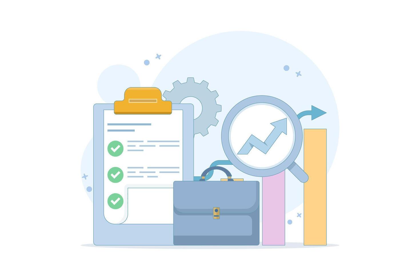 Financial growth and sustainable investment concept. checklist, briefcase and tools. business growth chart with rising arrow. symbolizes success, analysis or strategy. vector