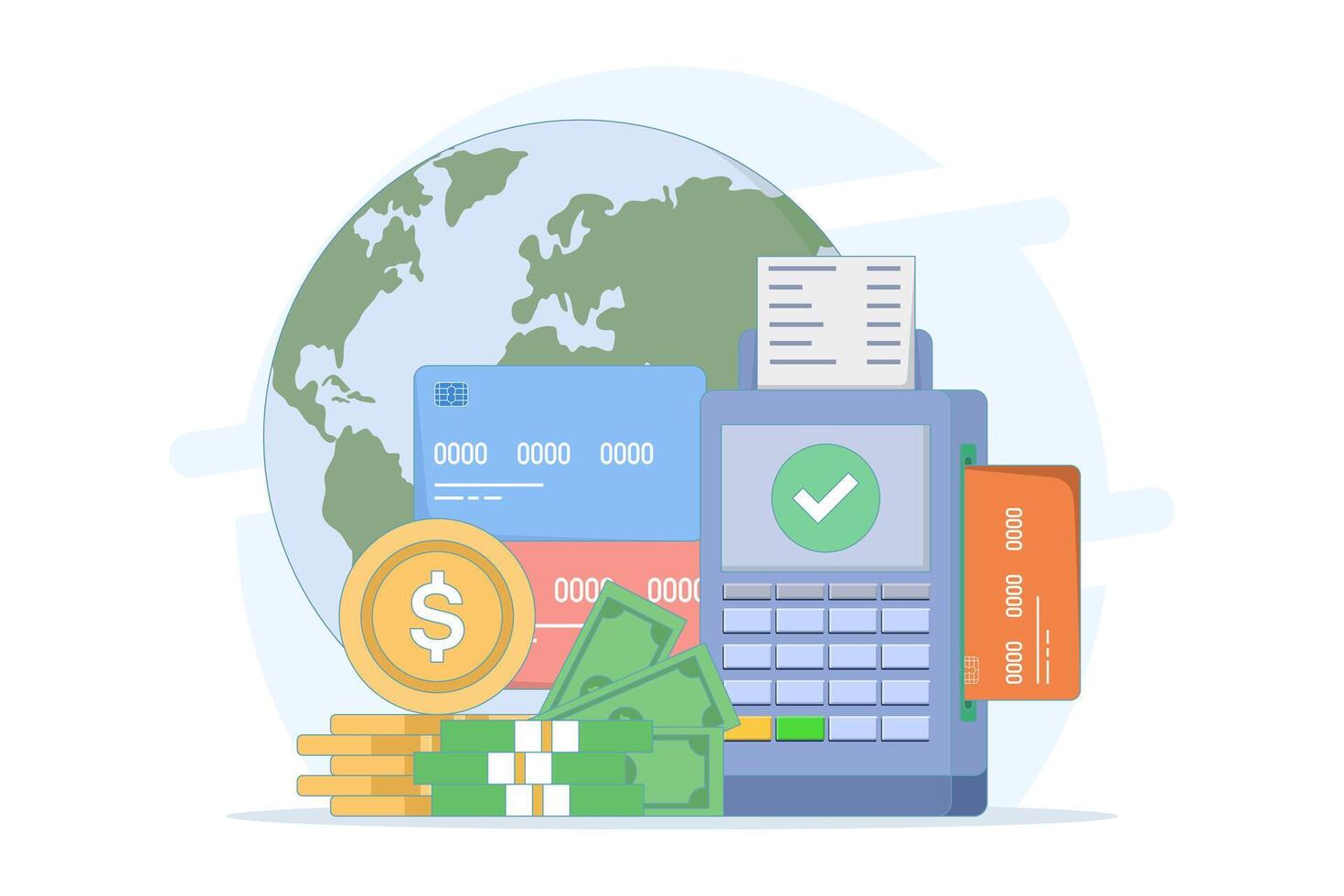 Money management, finance concept. Saving cash, personal finance management and savings. Card swipe machine with money. Design illustration on isolated background. vector