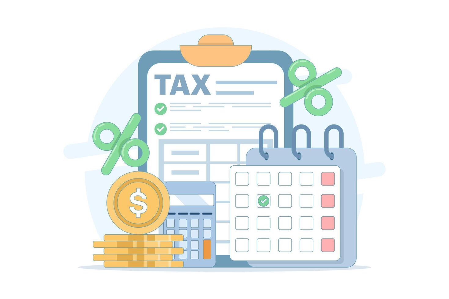 Tax calculation concept. Tax payment. Data analysis, documents, financial research reports and tax return calculation. Income or profit management, tax calculation. Flat design illustration. vector