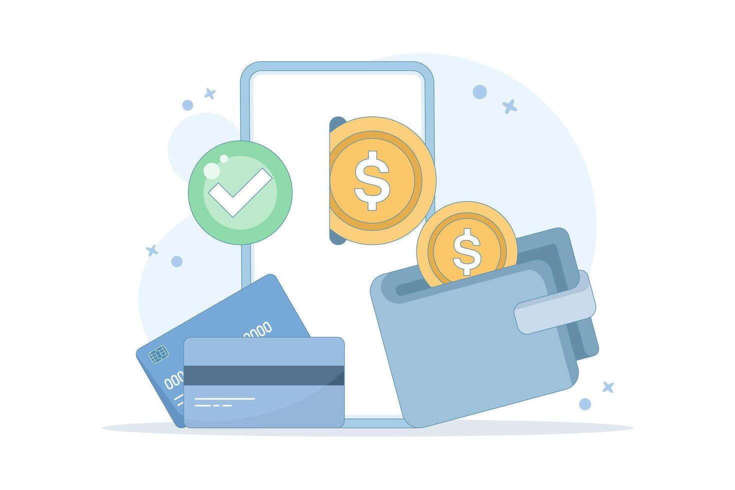 The concept of an electronic wallet or e-wallet. Safe storage of money. Virtual bank electronic wallet. Storing money in digital form. Financial transactions using mobile phones. vector