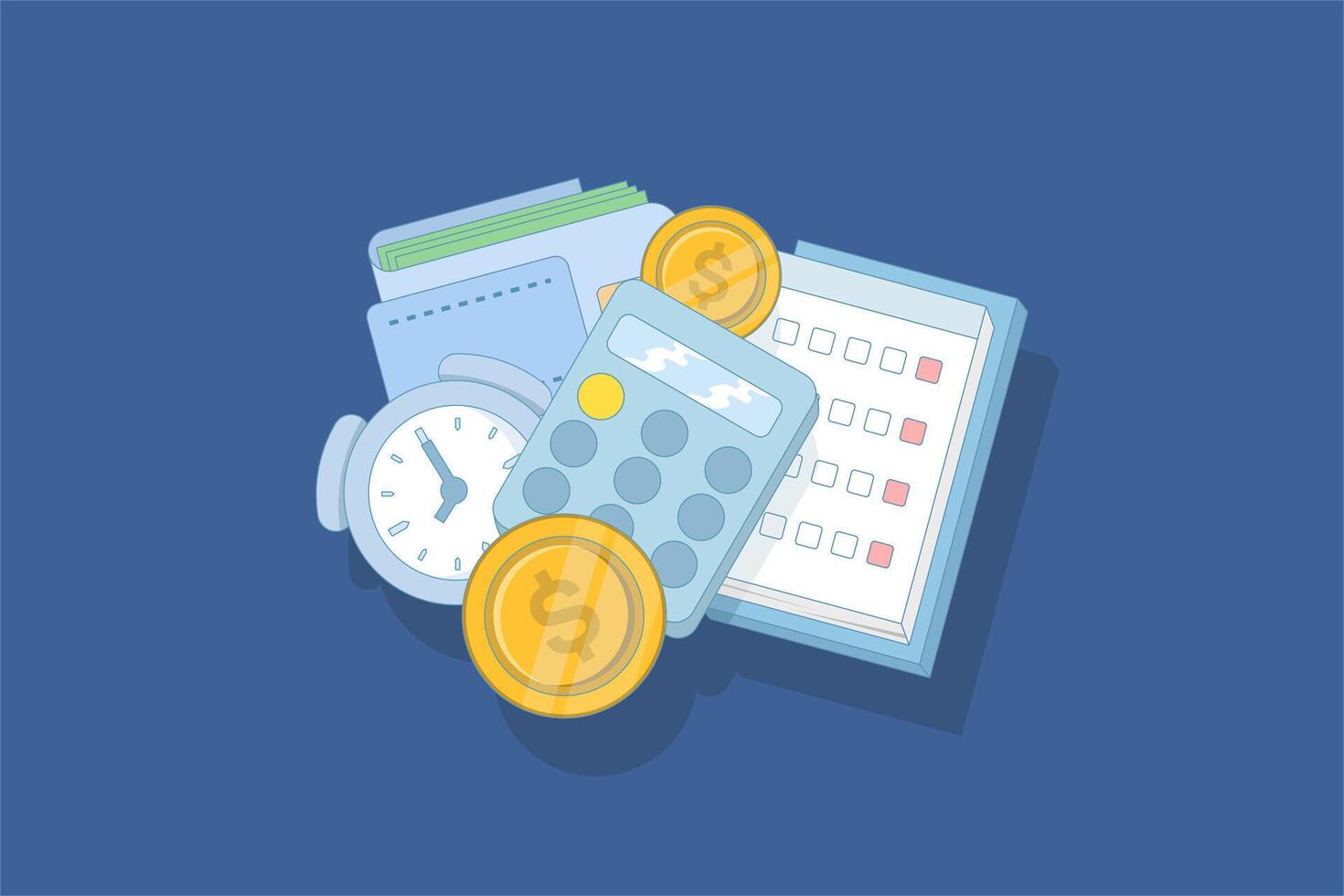 Time and money management concept. Calculator, calendar, money in wallet, and gold coins, economy and investment. money balance and time management. flat style design illustration. vector