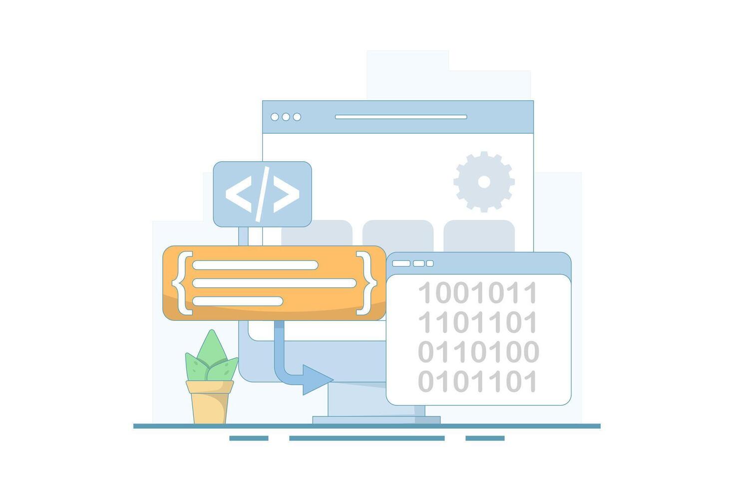Programming concepts compiler, binary numbers. software development, machine language laptop code. programming, coding in computer. data filtering. flat design illustration. vector