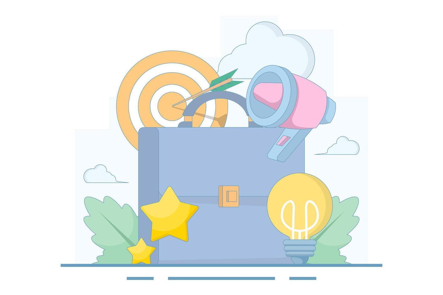 Concept of business goals, innovation and effective marketing strategies. Briefcase with target, light bulb and megaphone. Accuracy and goal achievement. Flat design illustration. vector