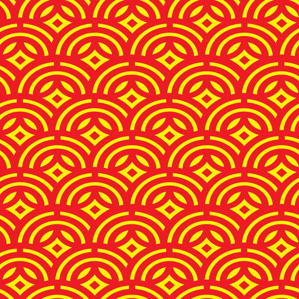 Seamless oriental Chinese pattern with red and yellow arcs and diamond shapes in traditional festive background design vector