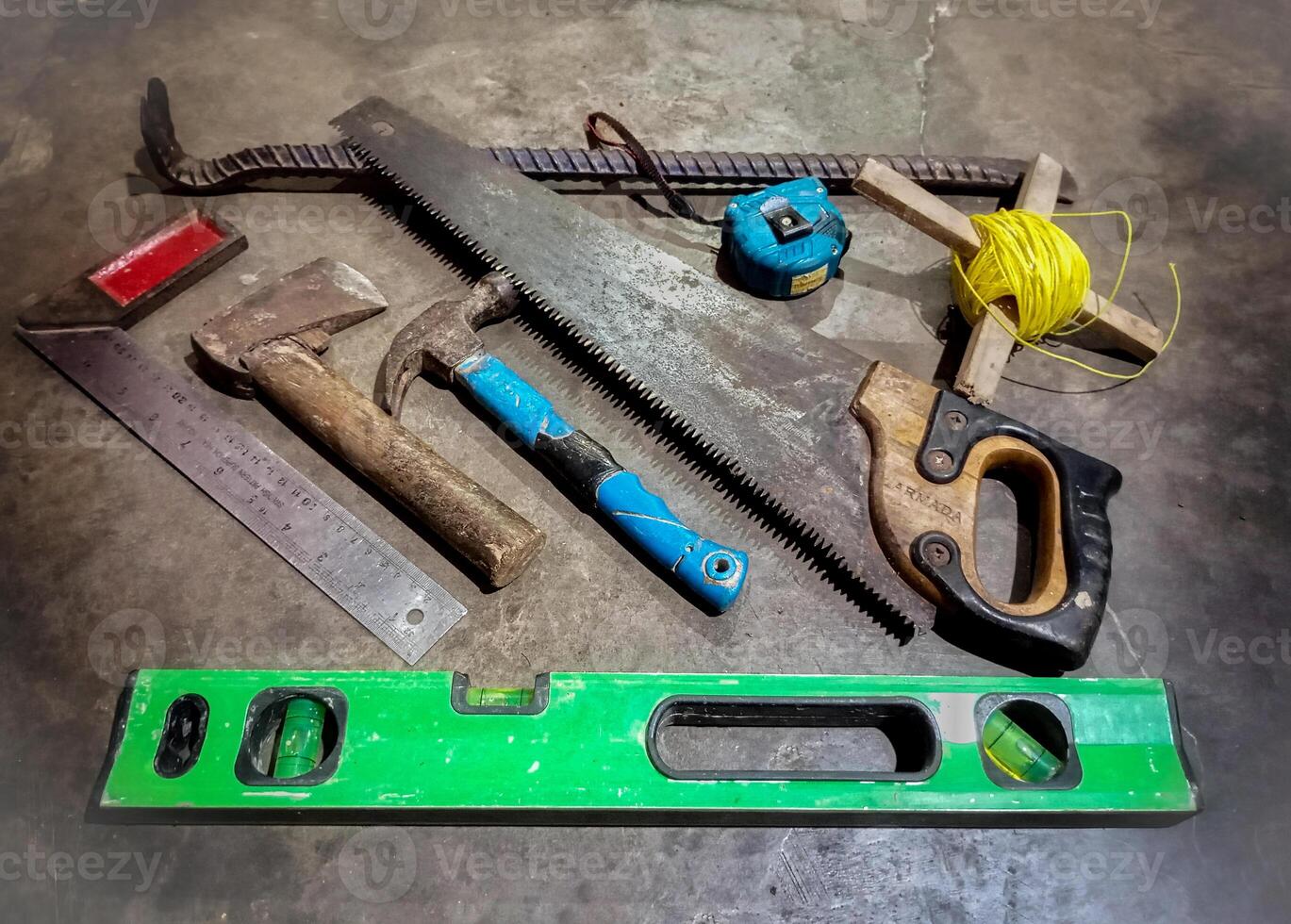 Essential Tools for Construction Work. A variety of essential hand tools commonly used in construction and carpentry work. photo