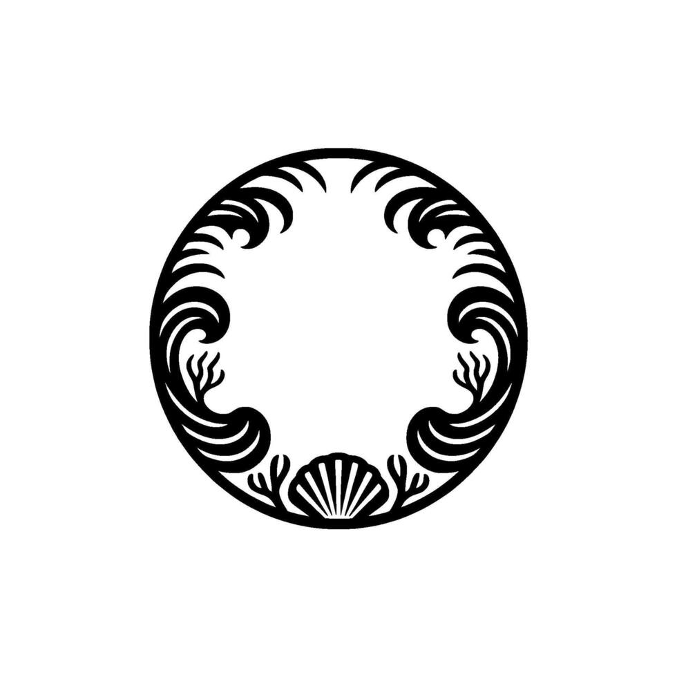 Elegant Coastal Round Frame, Black and White, Nature-Inspired vector
