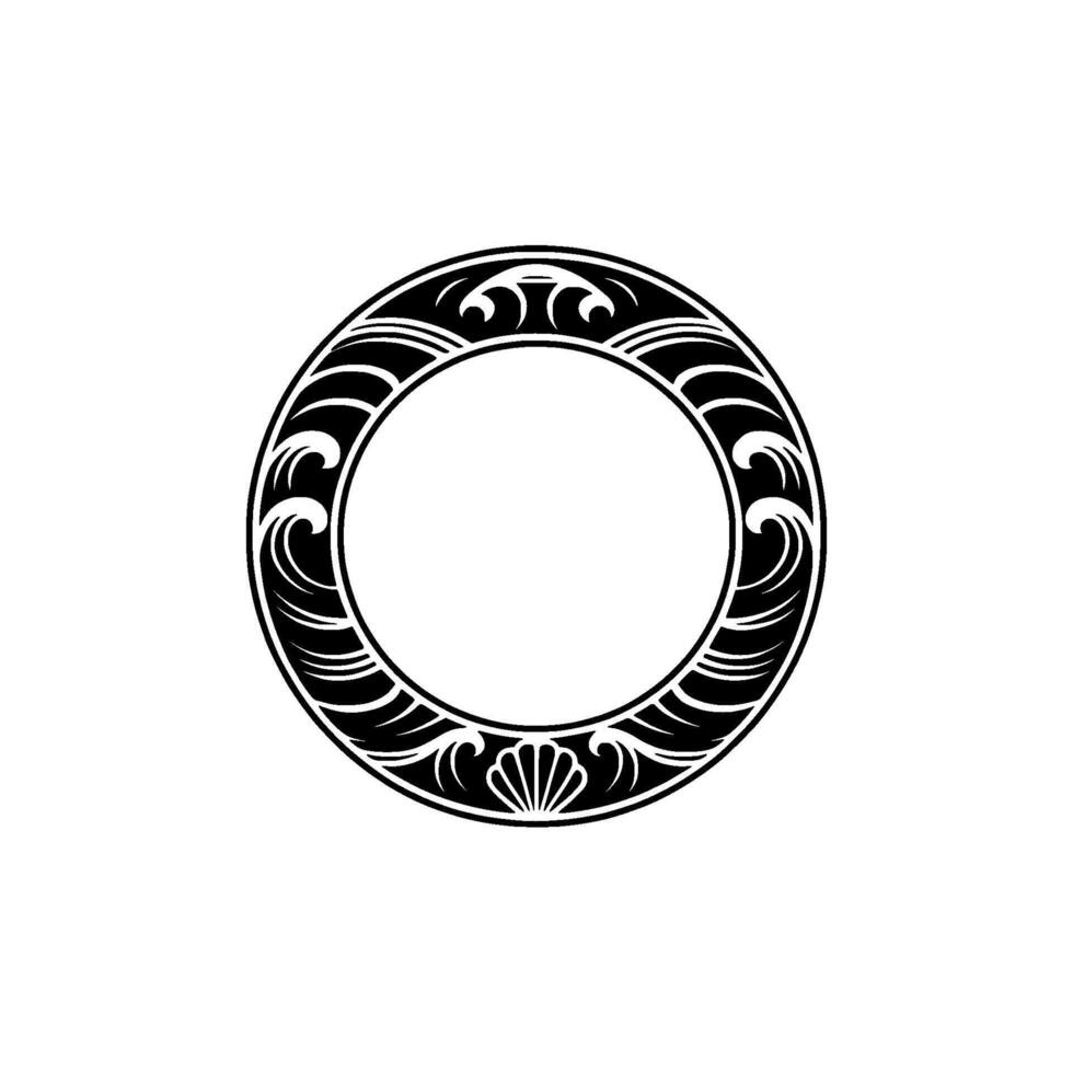 Decorative Circular Frame with Wave and Shell Motifs, Black on White vector