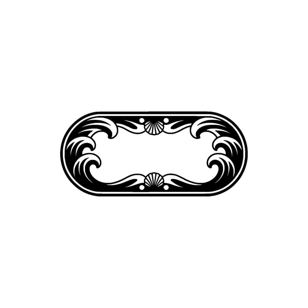 Ornate Black White Oval Frame with Sea Elements, Minimalist vector
