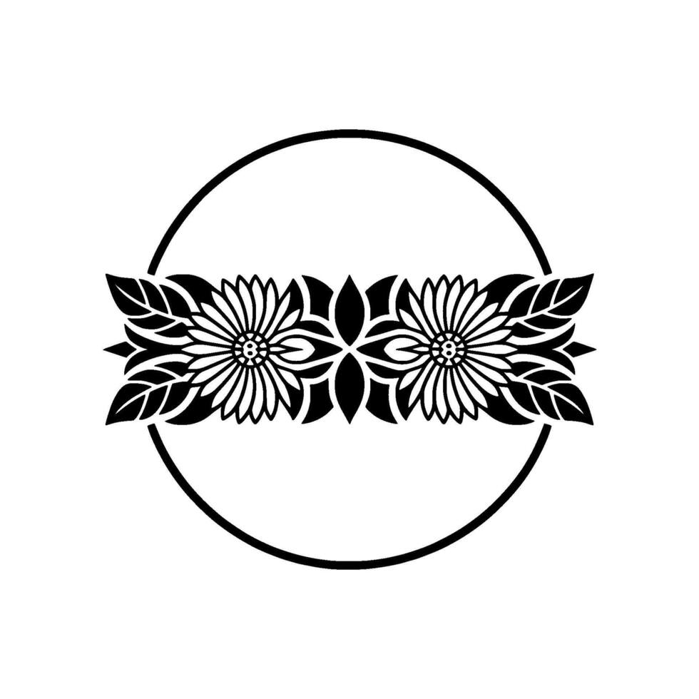 Floral Circle Emblem Black and White Botanical vector