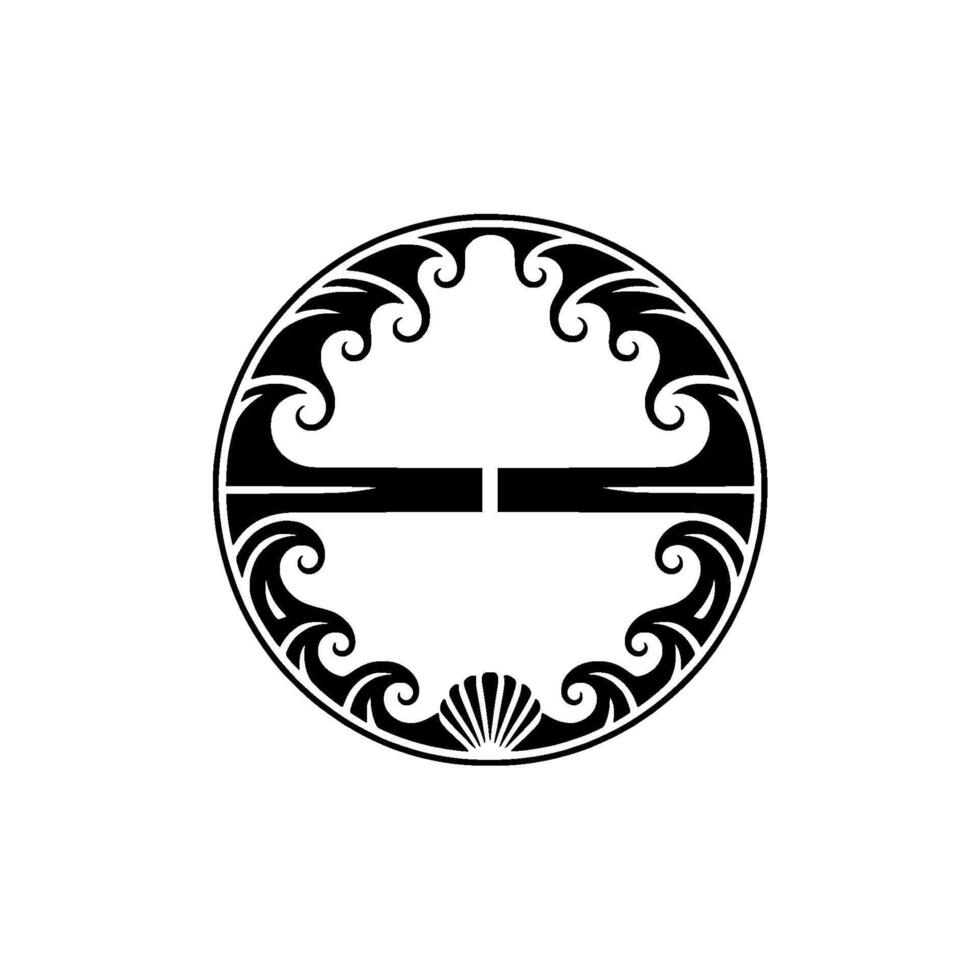 Elegant Coastal Emblem Black White Ocean Waves, Shell, and Circle vector