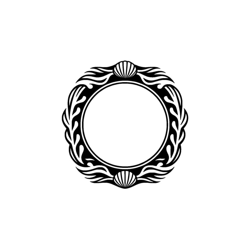 Elegant Black White Circular Frame with Seashells and Foliage vector