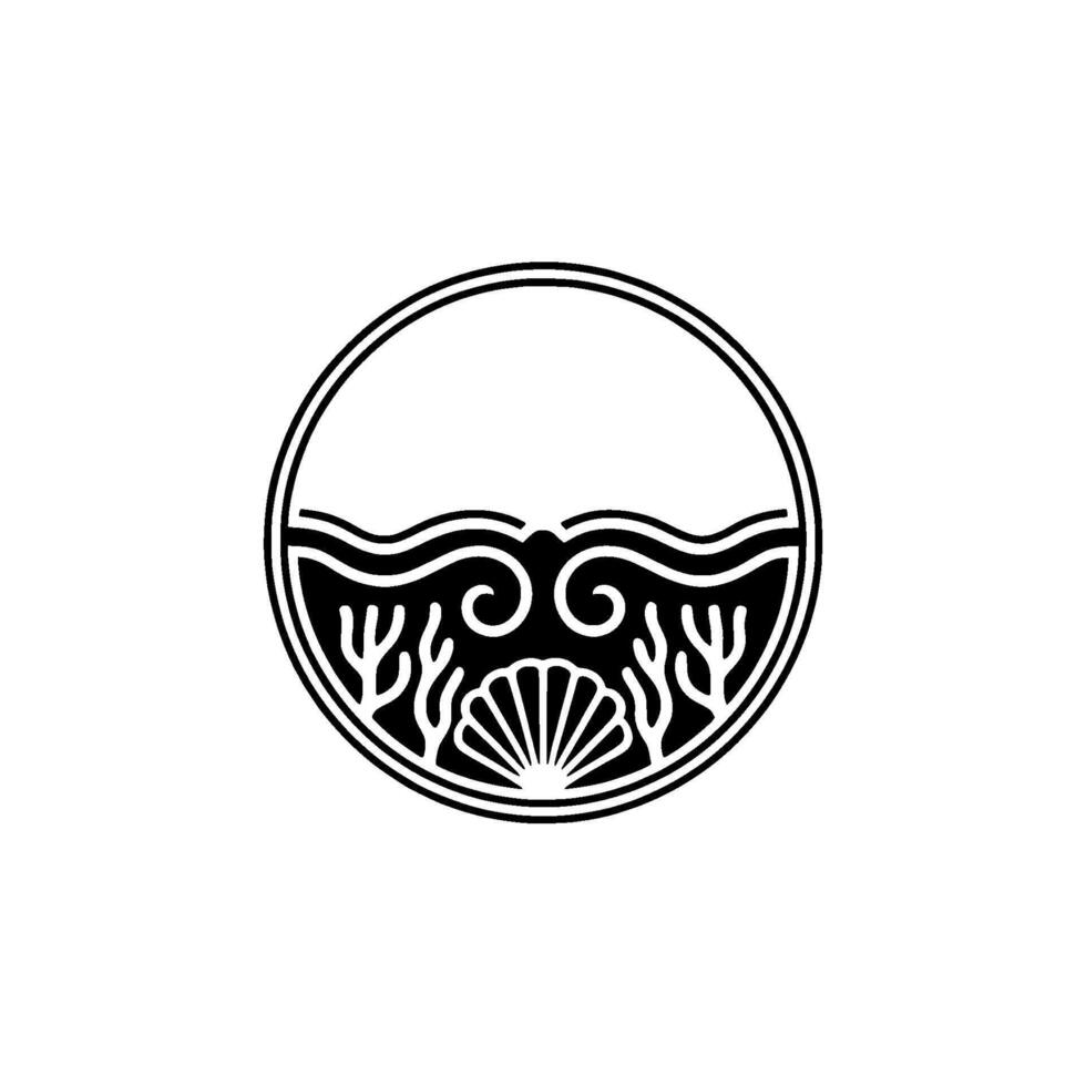 Minimalist Sea Life Emblem Circle, Shell, Waves, Seaweed, Black White vector