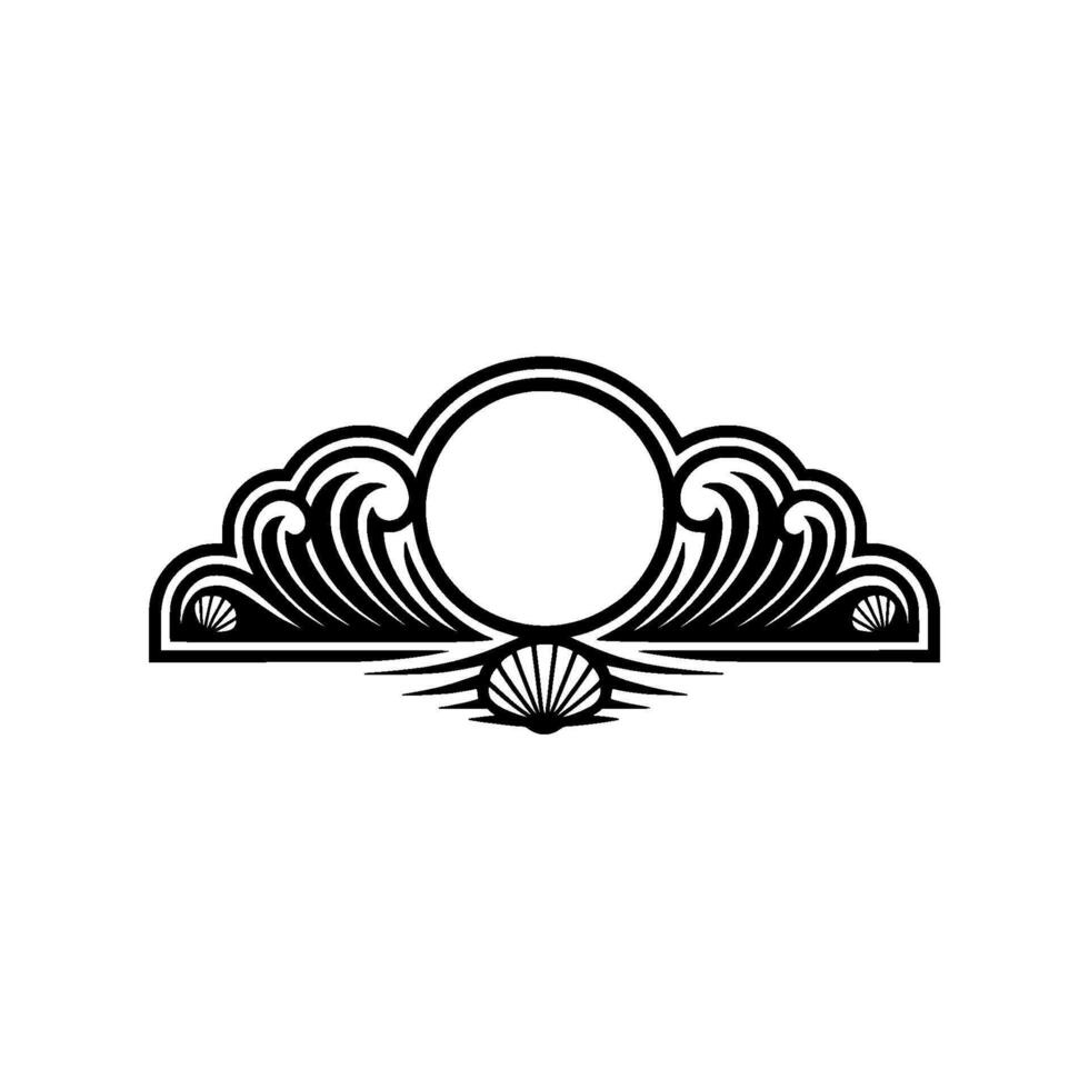 Art Deco Coastal Emblem Waves, Shell, Circle Frame, Minimalist vector