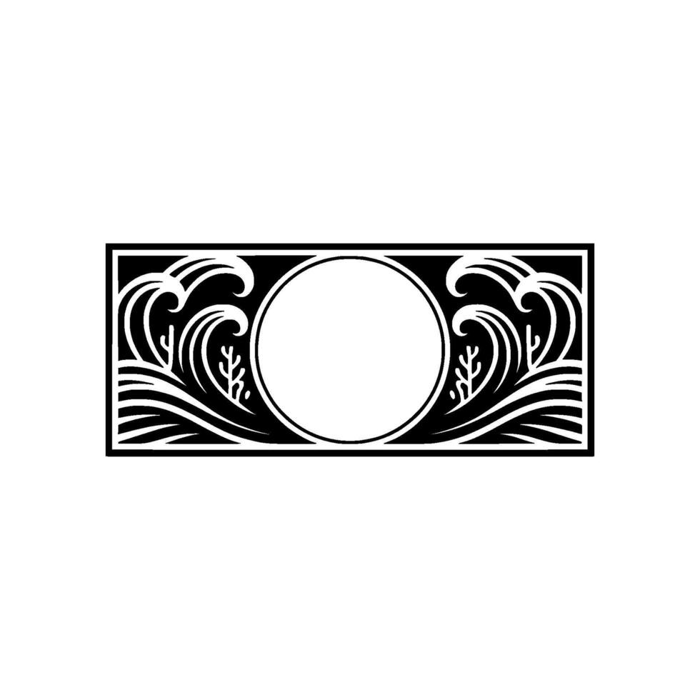 Coastal Waves Circle Frame, Black White Art vector