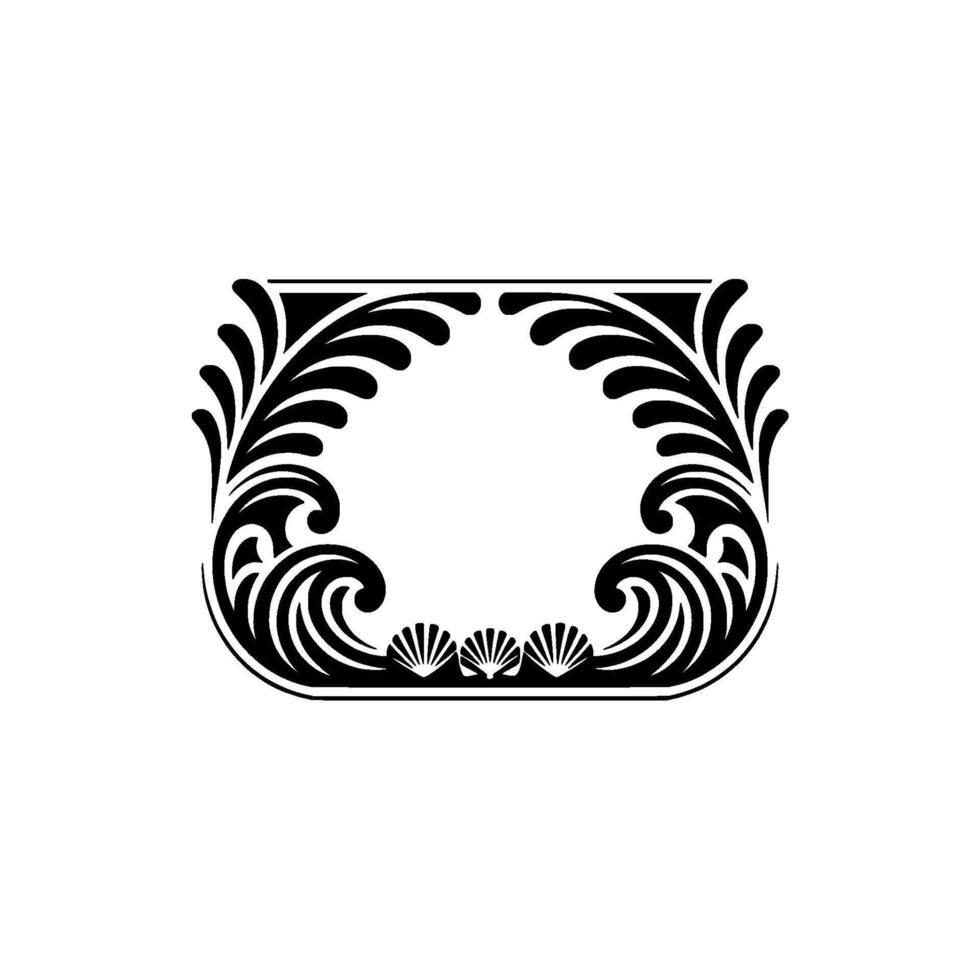 Elegant Black White Scroll Frame with Seashells - Decorative vector