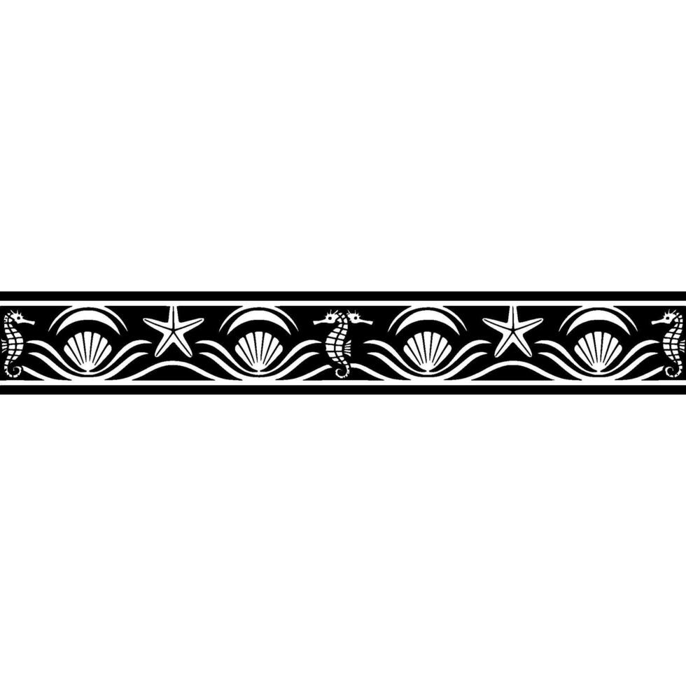 Black White Coastal Border Seahorses, Starfish Shells vector