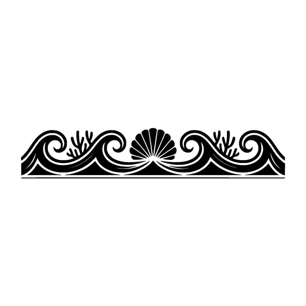 Black White Ocean Border Waves, Shells, Coral - Illustration vector