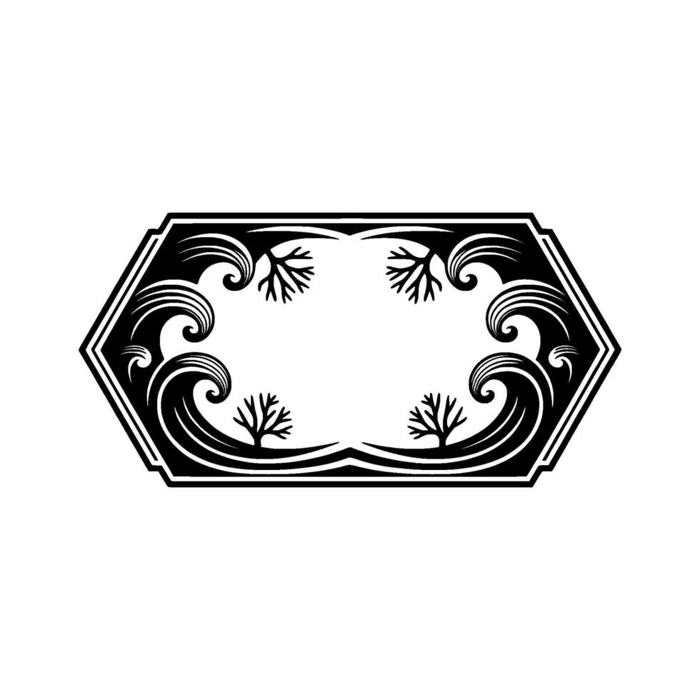 Elegant Black White Frame with Waves and Trees, Ornamental vector