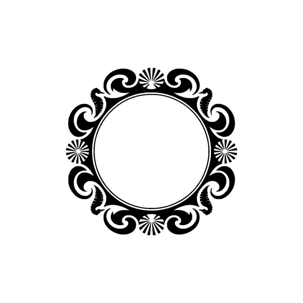 Elegant Black White Circle Frame with Seahorse Floral Elements vector