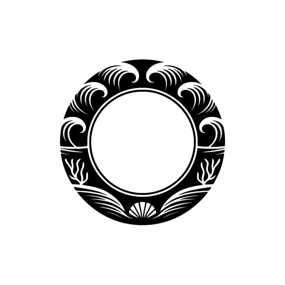 Oceanic Frame - Waves, Seaweed, and Seashells in Black White vector