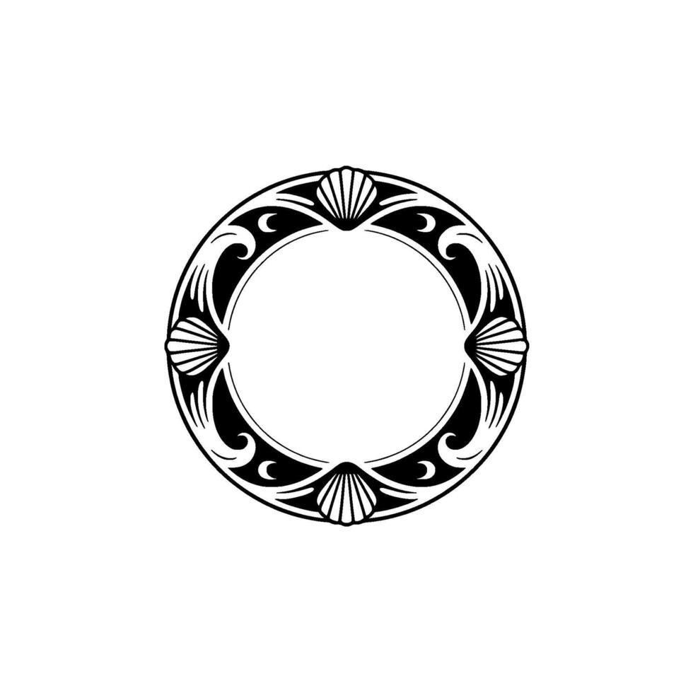 Elegant Circular Frame with Seashells, Black White, Art Deco Style vector