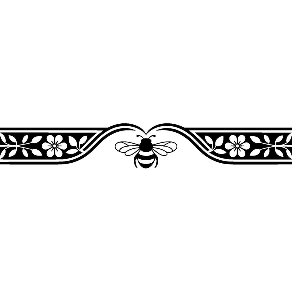 Elegant Bee Floral Border , Black and White Illustration vector