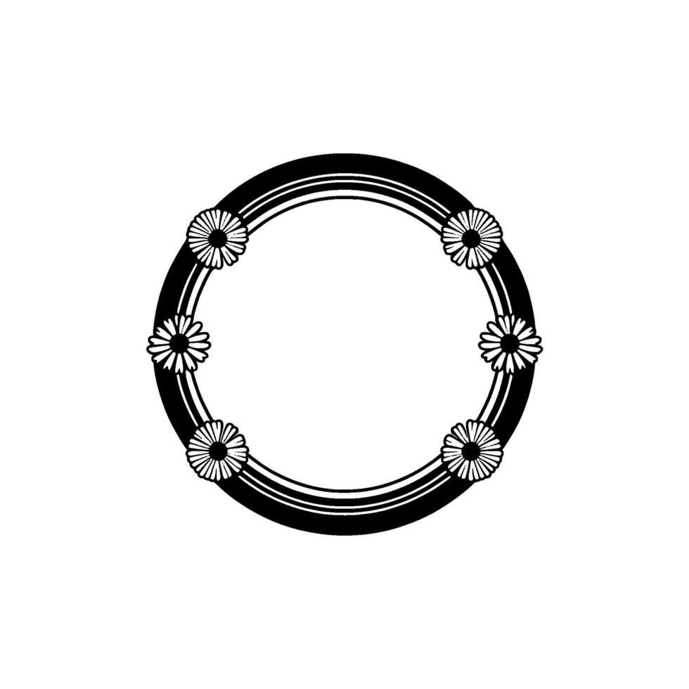 Minimalist Daisy Floral Frame, Black White, Circular vector