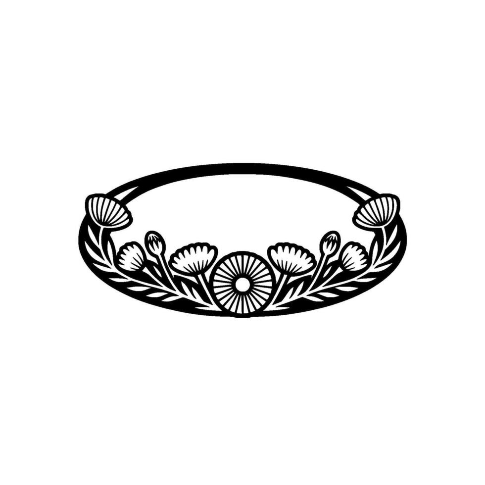 Black Floral Oval Frame on White, Minimalist Element vector