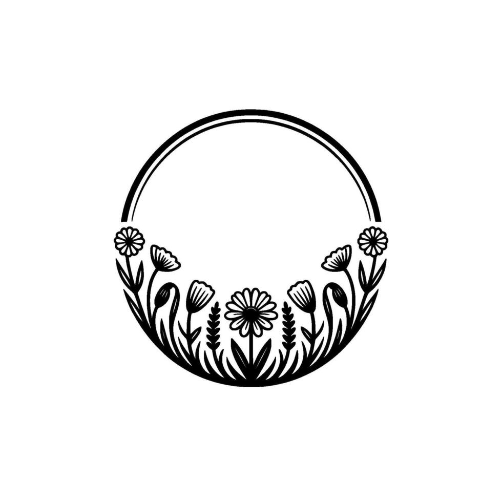 Minimalist Floral Circle Frame, Black White vector