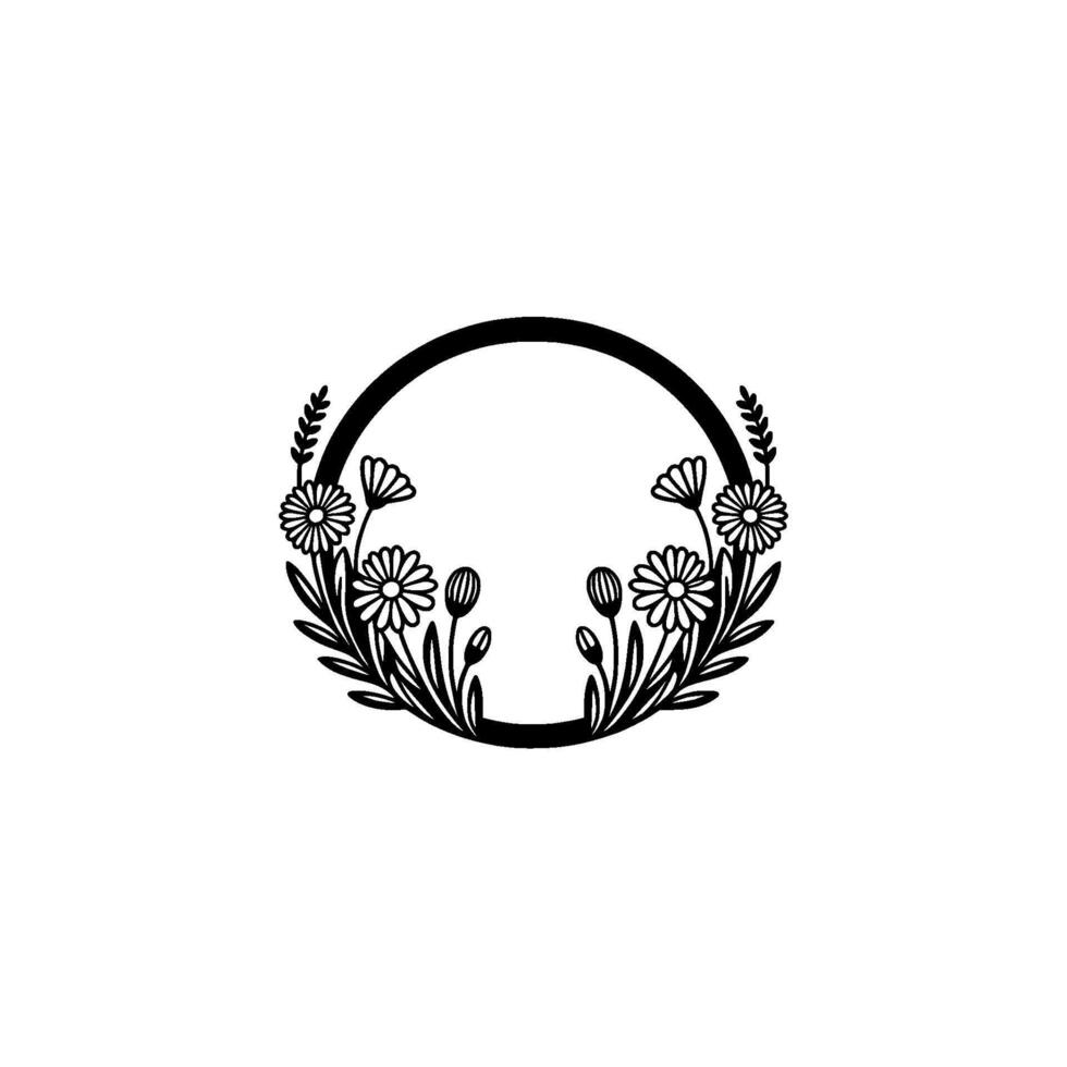 Floral Circle Frame in Minimalist Black and White vector