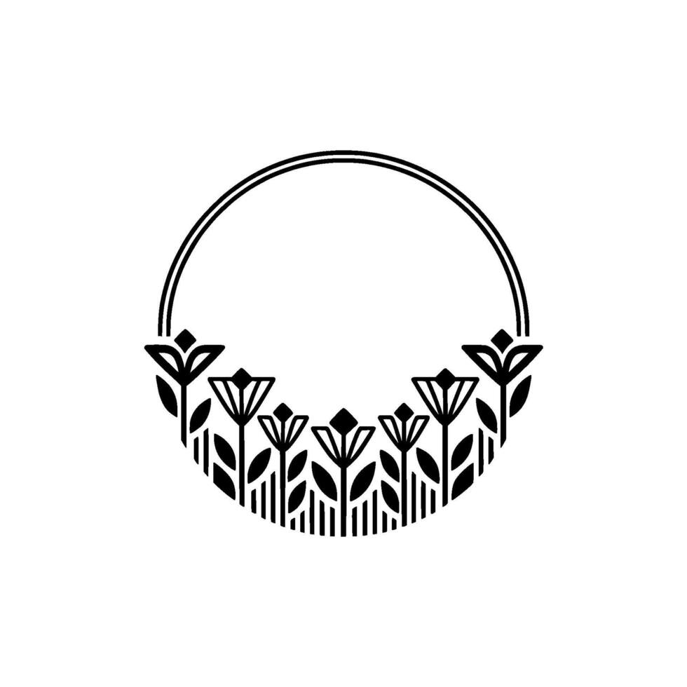 Floral Circle Frame Illustration, Minimalist Black White, Elegant vector