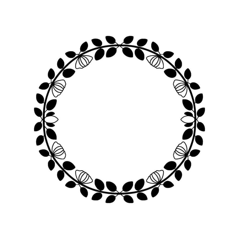 Minimalist Floral Wreath Circle, Black White, Elegant vector