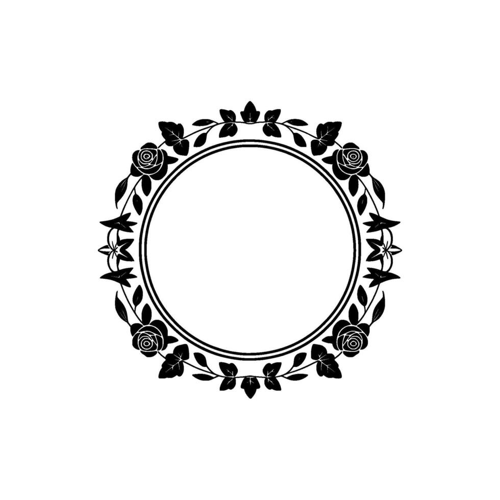 Elegant Black Floral Wreath Circle Frame on White Background, Wedding vector