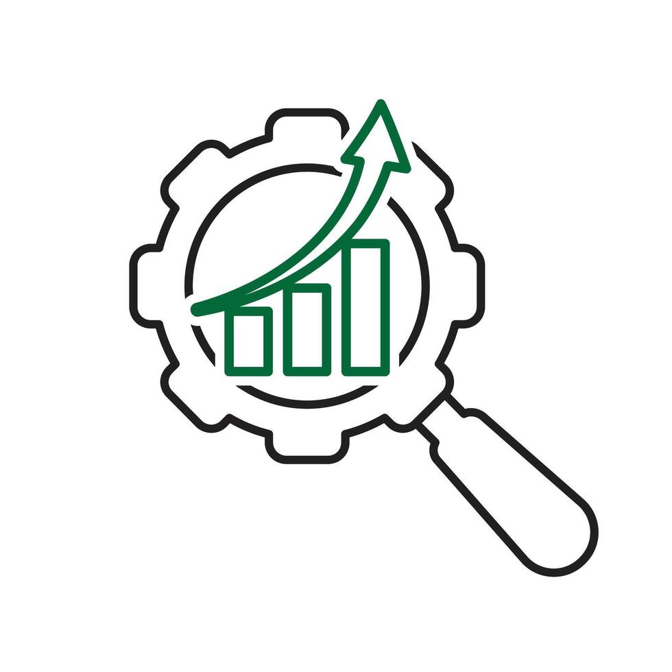 Optimization icon. SEO Optimization. magnifying glass like a gear with an upward graph. symbol for Process, automation, productivity.bnn vector