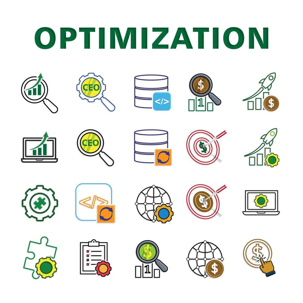 Optimization icon set. Database, workflow, SEO, Network, Digital Marketing, etc. Symbol for Process, automation, productivity99 vector