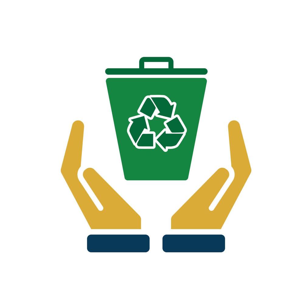 trash bin icon. recycling symbol in hand. sustainability. reuse web icon, eco-friendly, used goods, green energyq vector