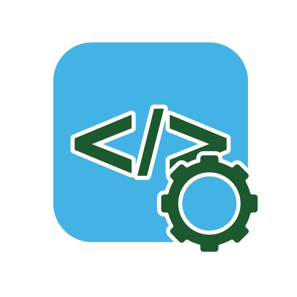 A green and blue icon with a code symbol and a gear vector