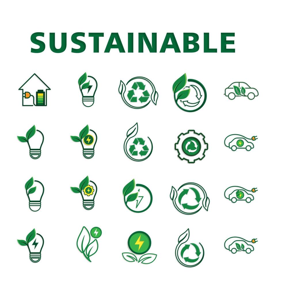 Sustainable icons set, green and white vector