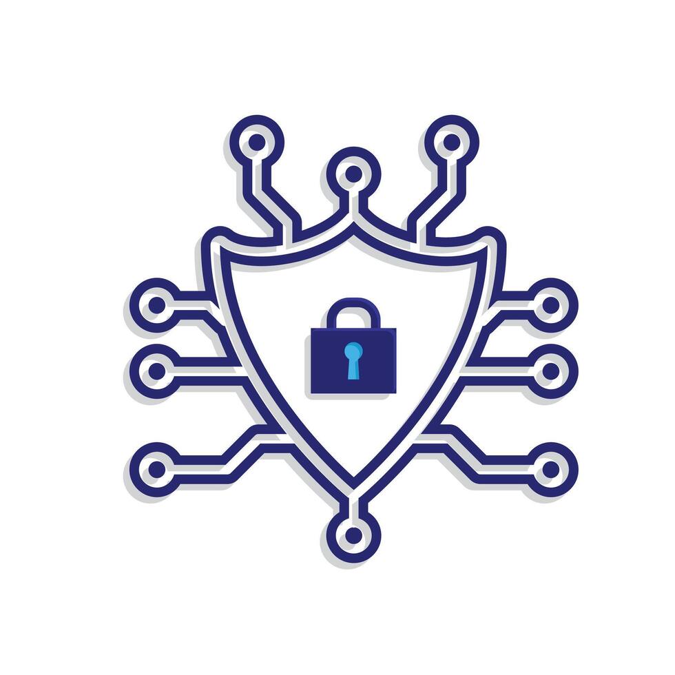Technology icons. Security systems. Shield with lock and nodes. Depicts automation, future, artificial intelligence. Mixed design style vector