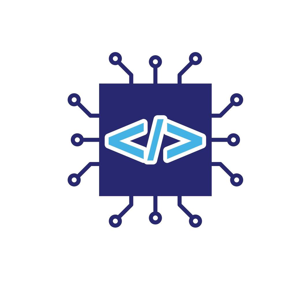 Technology icons. Natural Language Processing. Chips with programming codes. Depicts automation, future. Flat design style vector