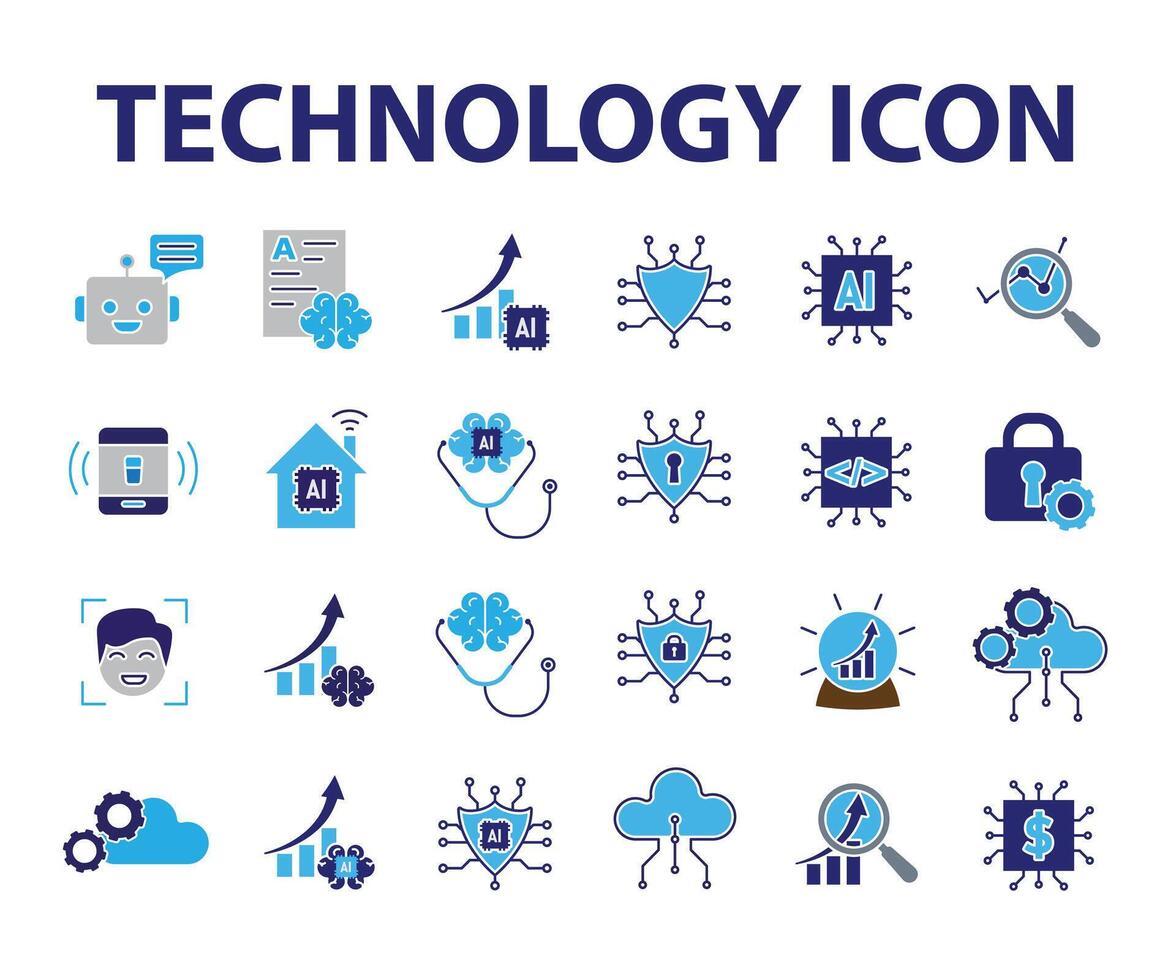 Technology icons set. Automatic, Security systems, Finance, etc. Depicts automation, future, artificial intelligence. Flat design style vector