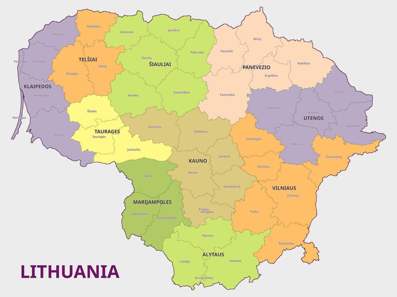 Map of Lithuania Administrative Regions vector