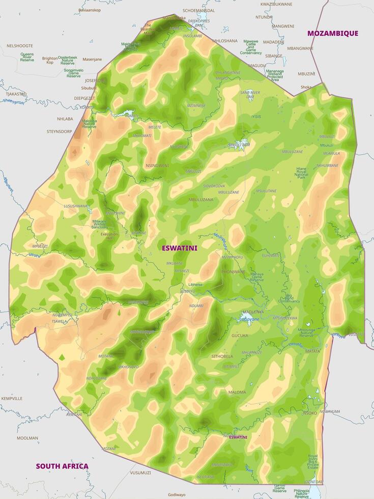Detailed physical map of Swaziland vector