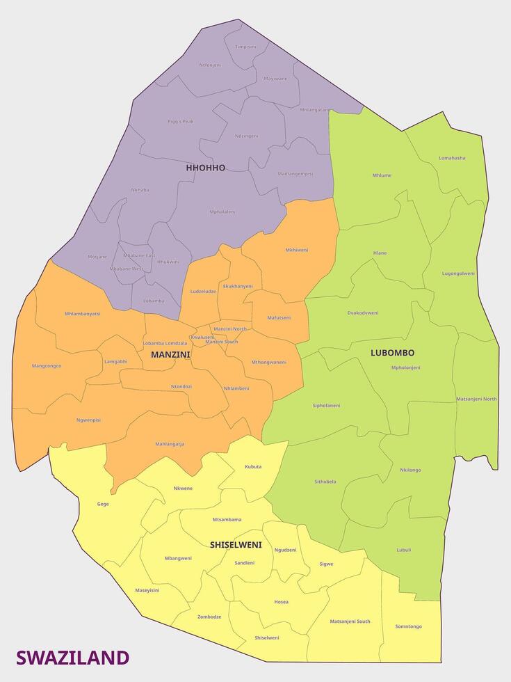 Map of Swaziland Showing Administrative Regions vector