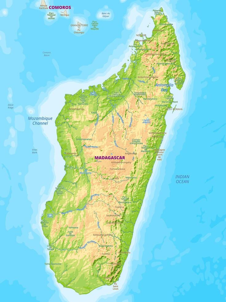 Detailed physical map of Madagascar vector