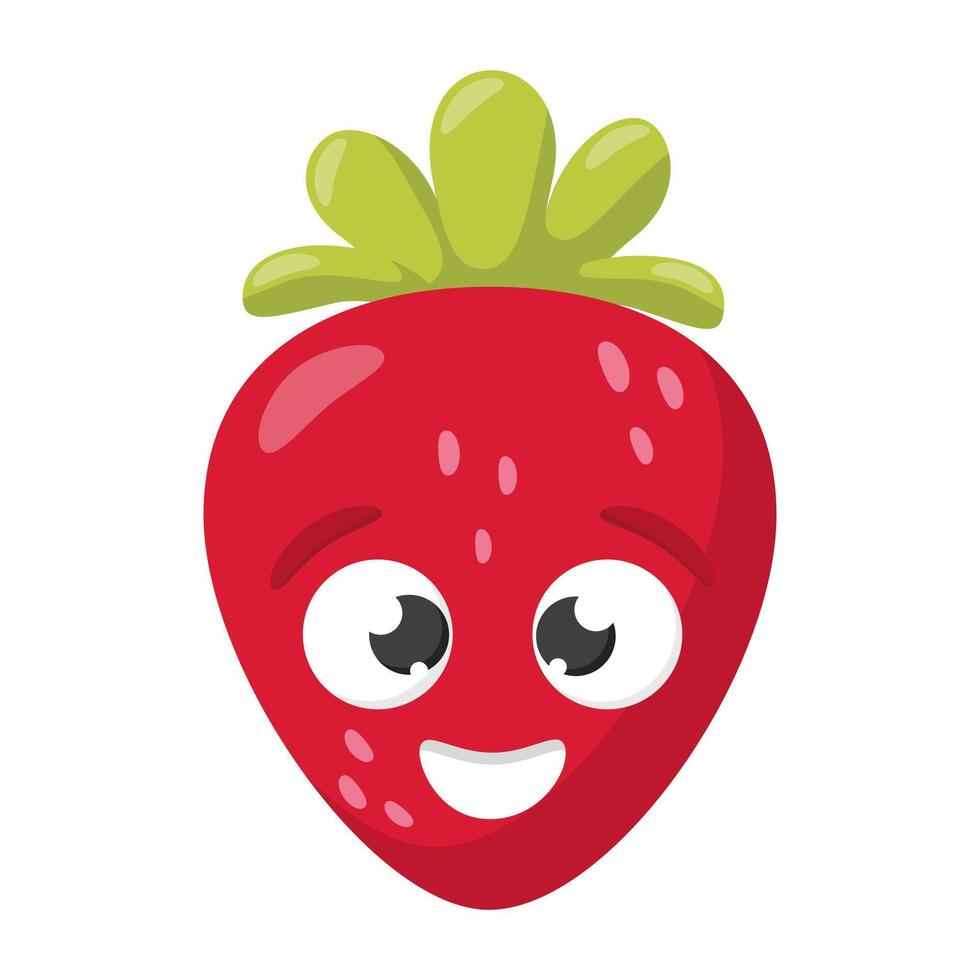 Cartoon strawberry with smiling face and green leaves isolated on white background, fruit character illustration vector