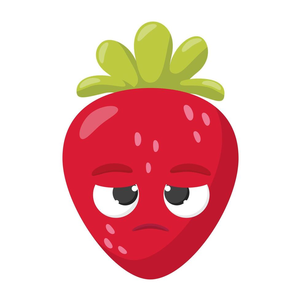 Sad cartoon strawberry character with green leaves and bored facial expression isolated on white background vector